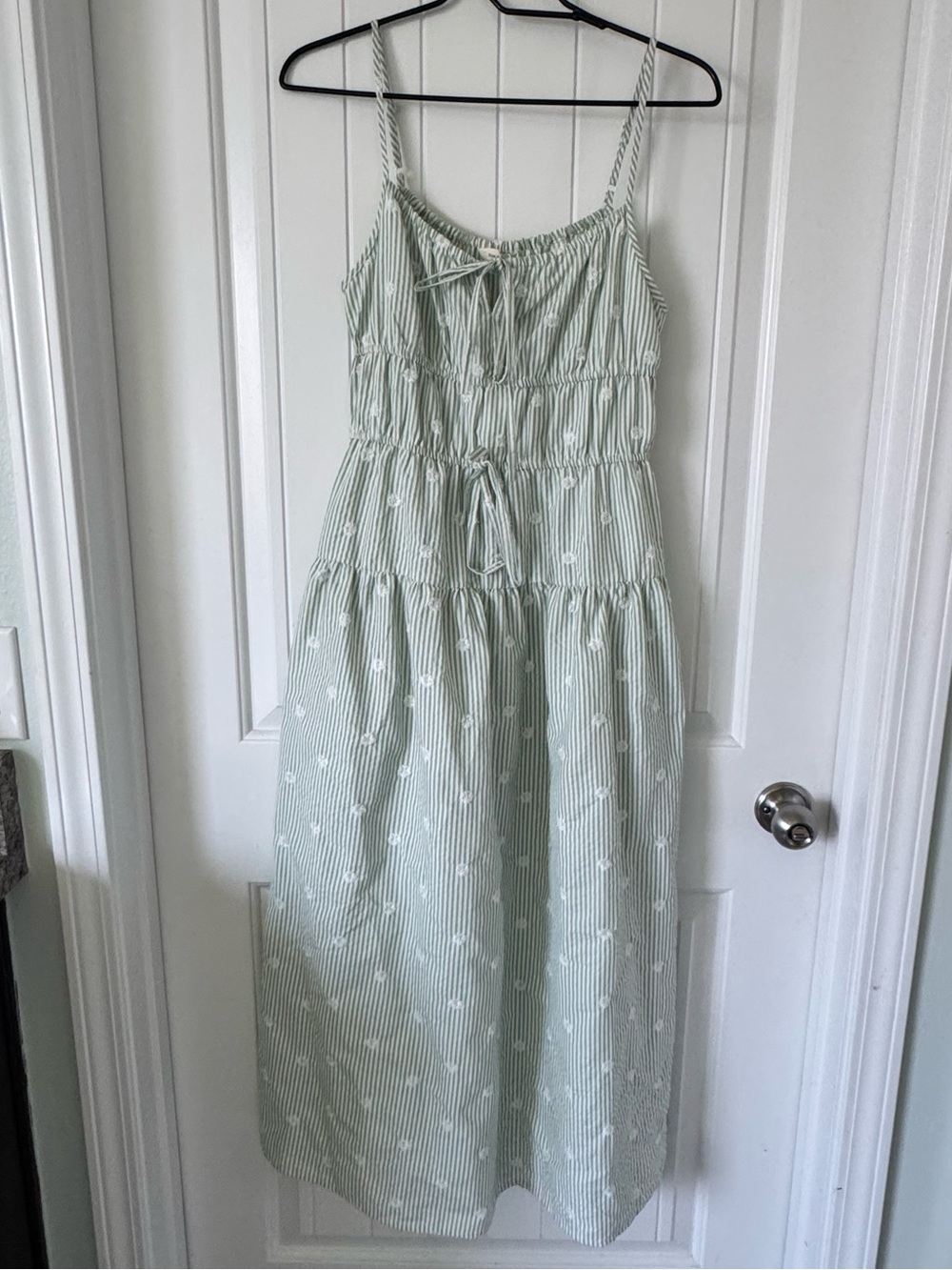Sleeveless Mint Green Striped Maxi Dress with Drawstring Waist